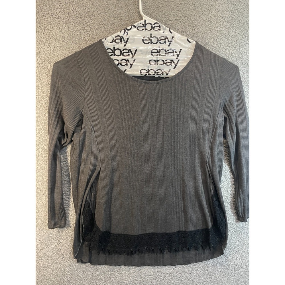 Style & Co.‎ Gray Ribbed Long Sleeve Round Neck Top Crochet Hem, Size L